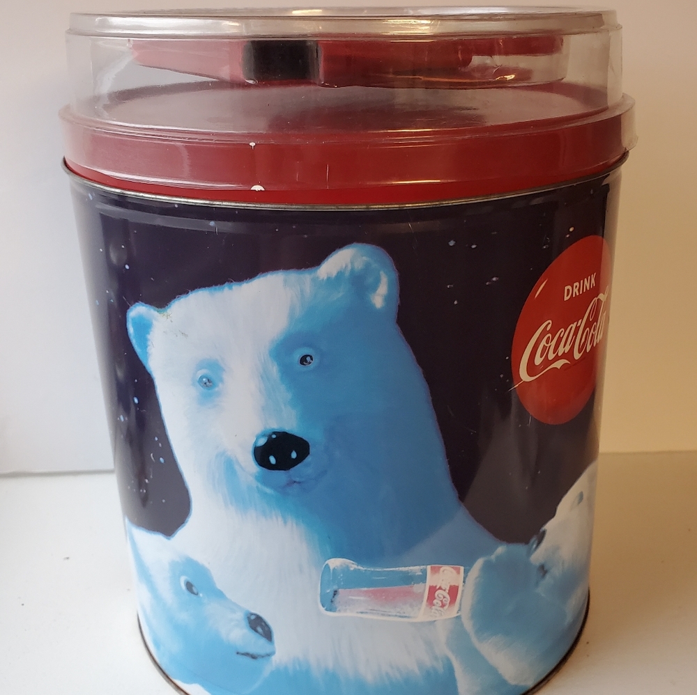 Coca-Cola Popcorn Tin with Can Holder, Bottle Opener And 3 Coasters.